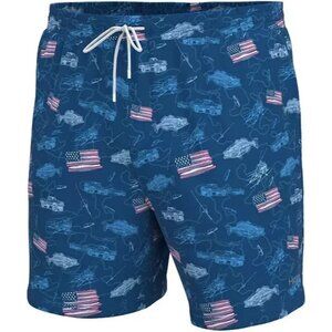 HUK Men’s Pursuit Fish and Flags Volley Swim Shorts Size XXL Pockets Outdoor